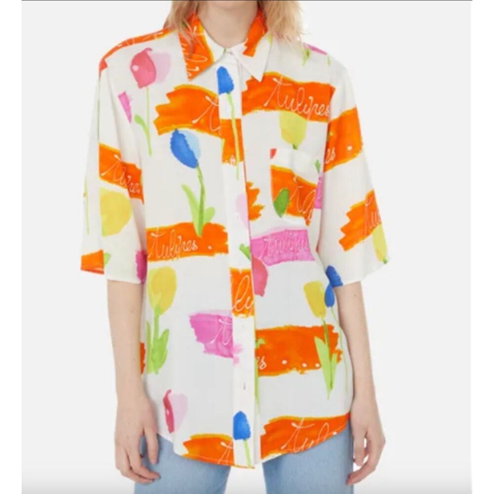 Collina Strada Tulips Oversized Printed Short Sleeve Women's Shirt Large